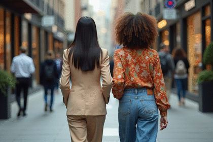 Deux femmes en ville portant des tenues élégantes et modernes
