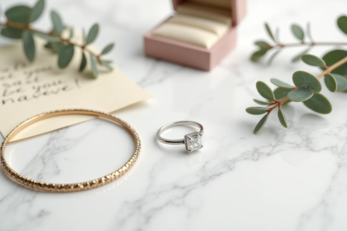 Flat lay d'un bracelet jonc en or et d'une bague de fiançailles en platine sur marbre blanc