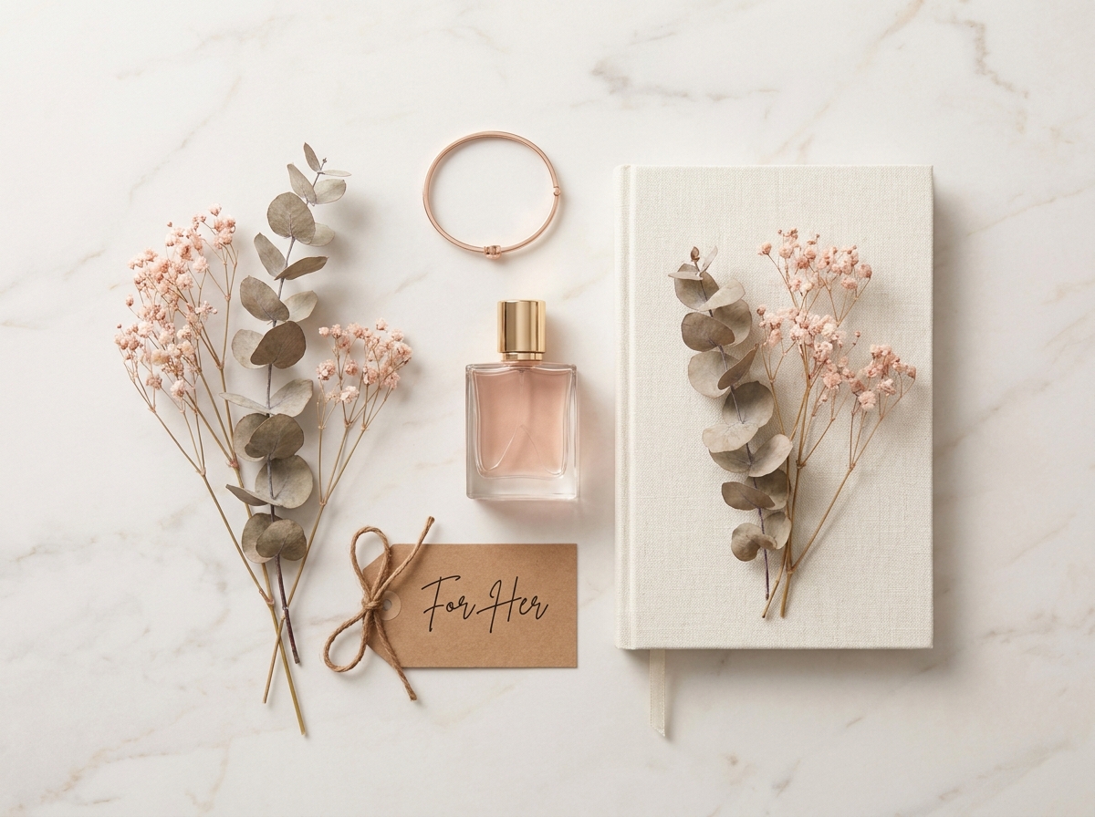 Flat lay de cadeaux pour femme sur marbre blanc incluant parfum, journal et bracelet