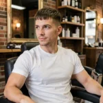 Homme avec une coupe French Crop nette assis dans un fauteuil de barbier dans un salon moderne au décor urbain
