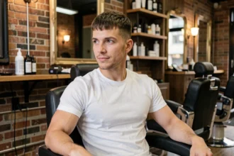 Homme avec une coupe French Crop nette assis dans un fauteuil de barbier dans un salon moderne au décor urbain