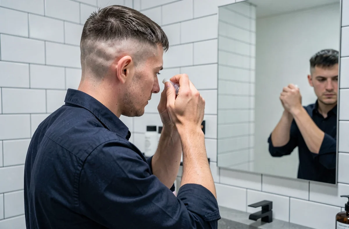 Jeune homme appliquant de la cire sur sa coupe French Crop devant un miroir de salle de bain moderne