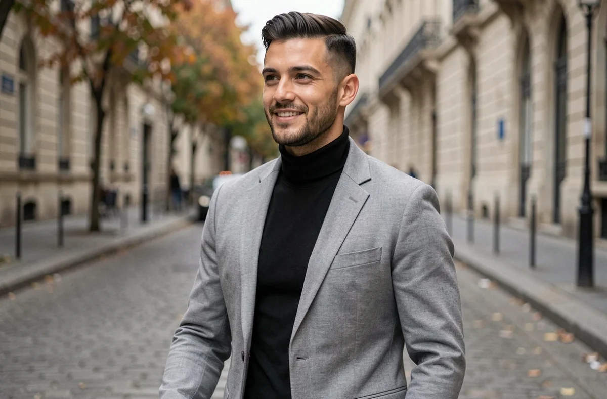 Homme élégant avec une coupe French Crop marchant dans une rue pavée parisienne en automne