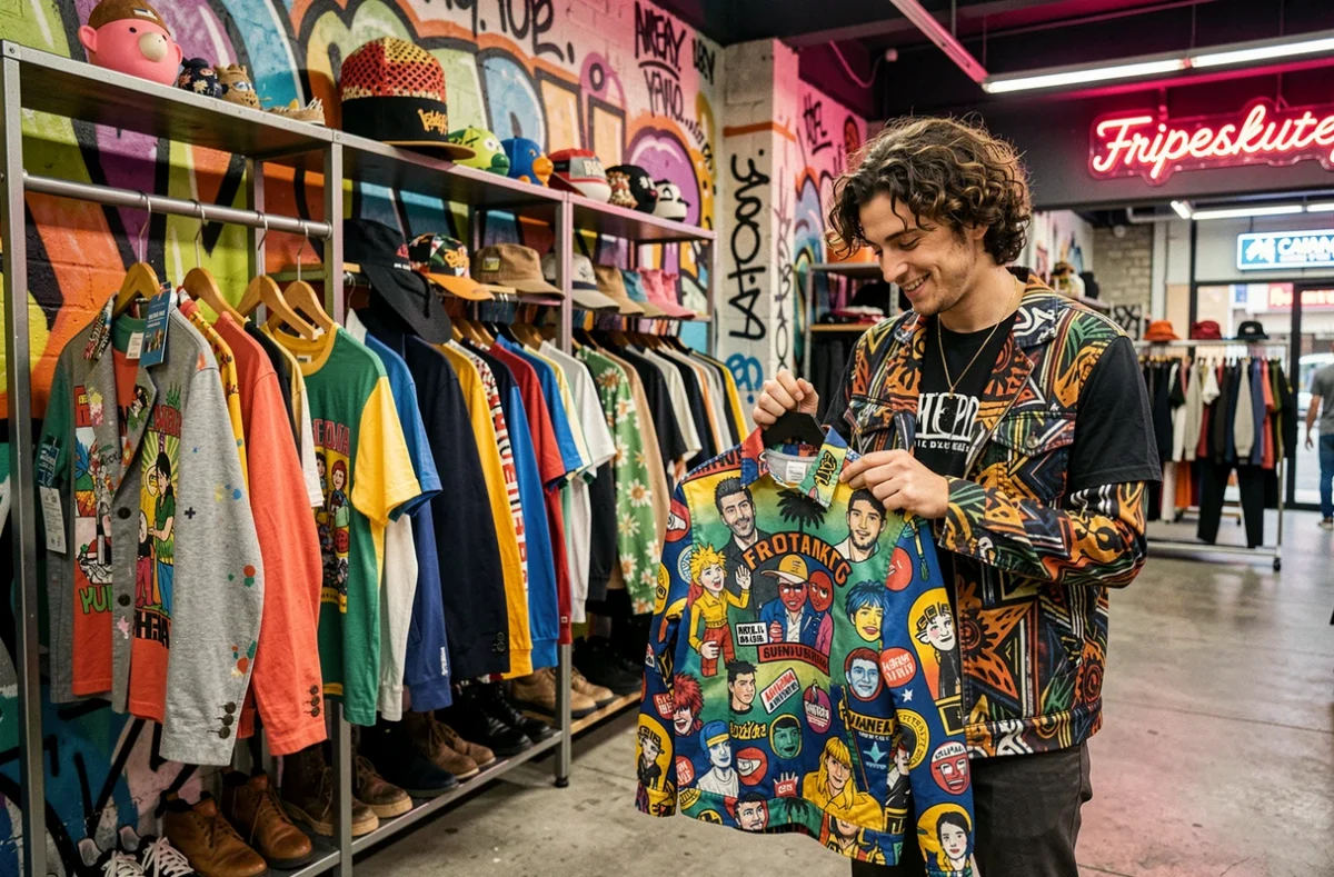 Un jeune homme examine une veste imprimée colorée dans la friperie Fripesketchup à Lyon, décorée de murs peints et de portants industriels