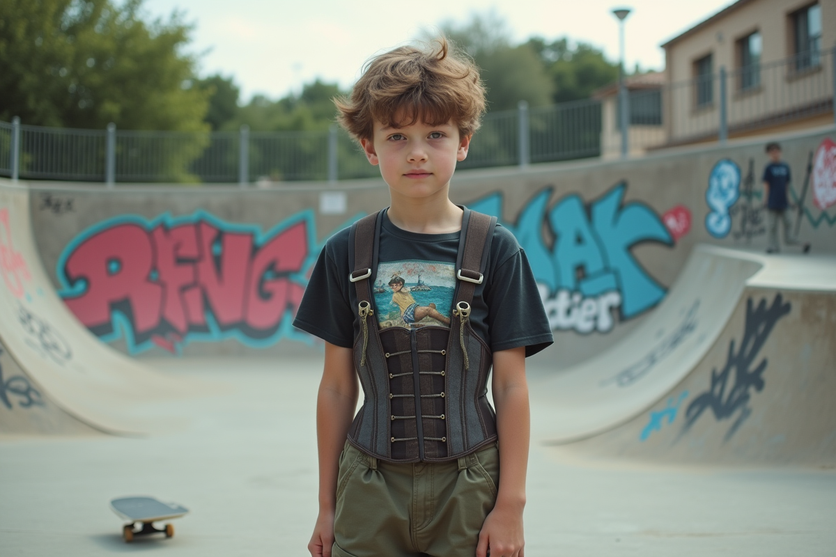 Garçon de 13 ans en corset dans un skatepark urbain