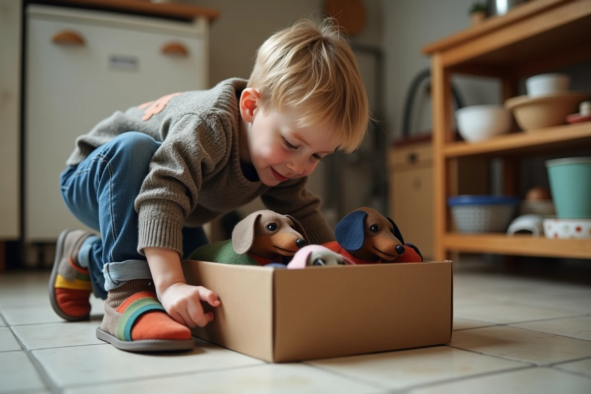 Garçon regardant dans une boîte de chaussons dachshund colorés