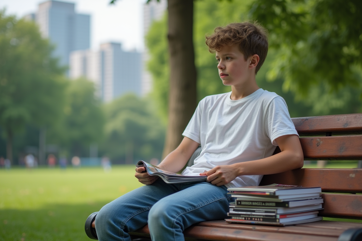 Adolescent assis dans un parc regardant des magazines