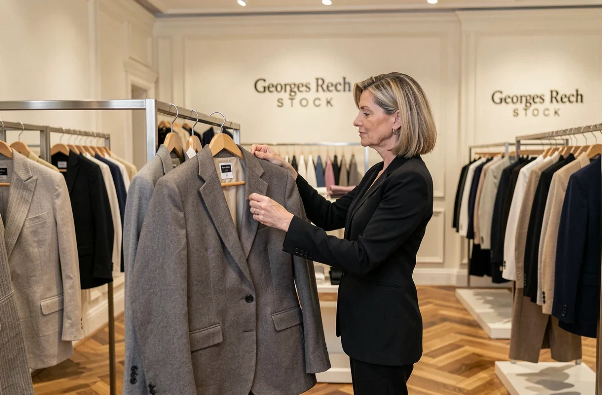 Femme élégante parcourant les vêtements de déstock Georges Rech dans sa boutique parisienne