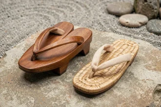 Comparaison entre une paire de geta en bois traditionnels et des zori plats en paille, côte à côte sur une pierre naturelle dans un jardin zen