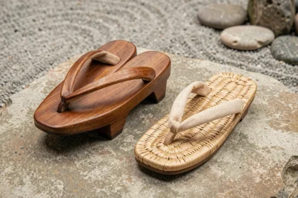 Comparaison entre une paire de geta en bois traditionnels et des zori plats en paille, côte à côte sur une pierre naturelle dans un jardin zen