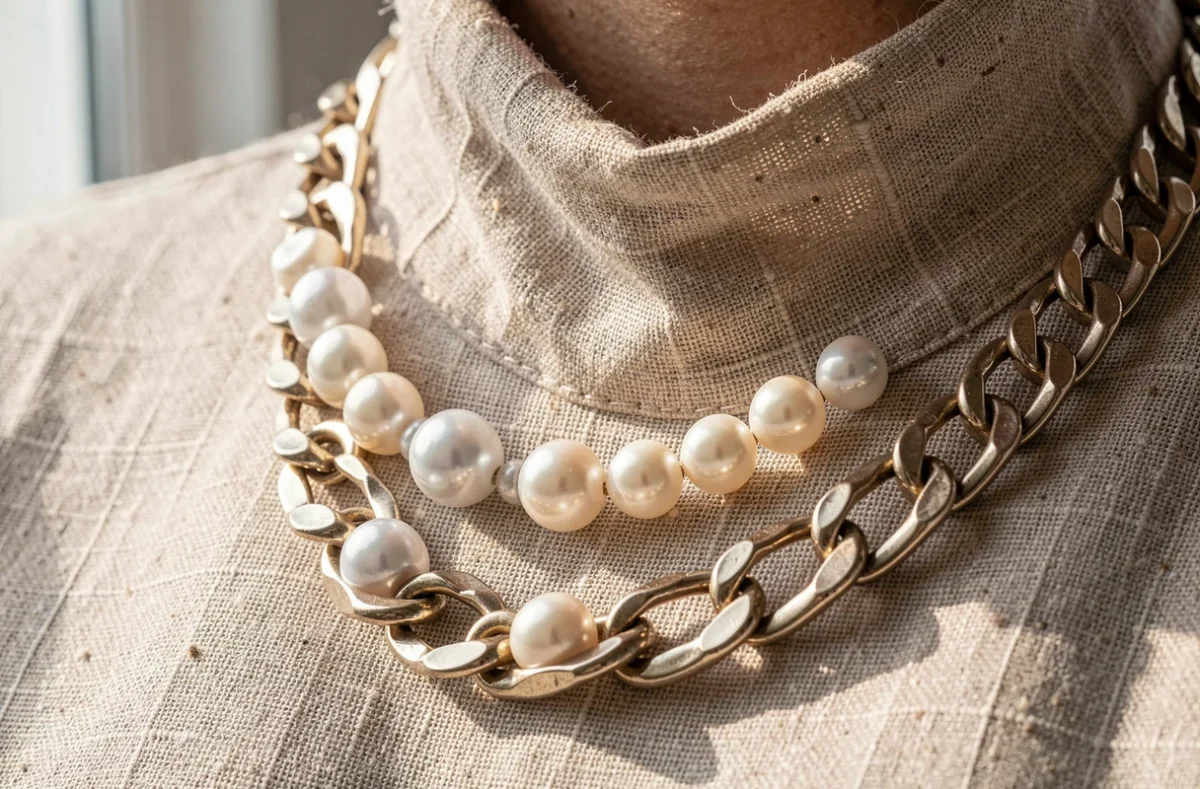 Gros plan de colliers à maille et perles portés sur une encolure