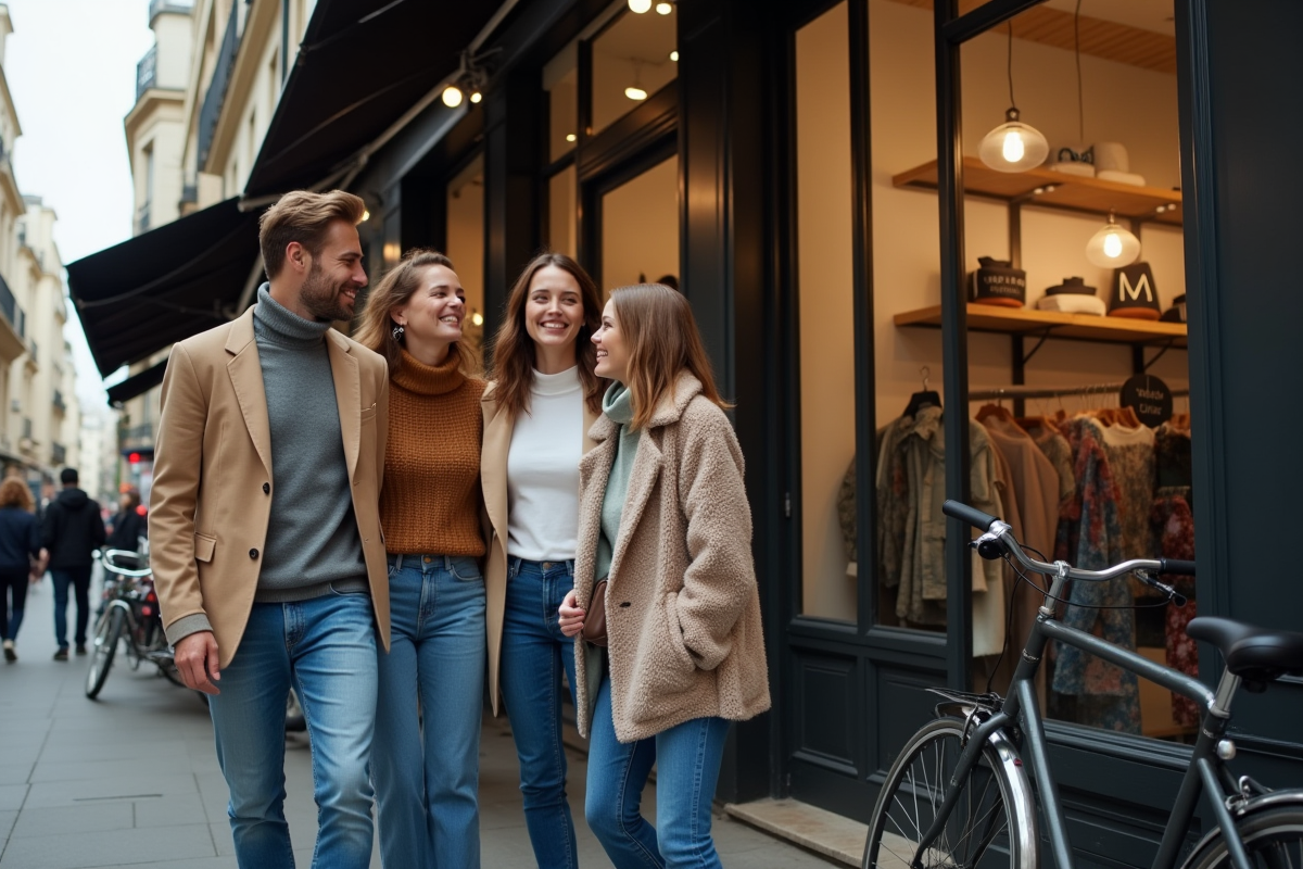 Trois amis souriants devant un magasin tendance à Paris