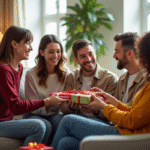 Groupe diversifié échangeant des cartes cadeaux colorées dans un salon lumineux