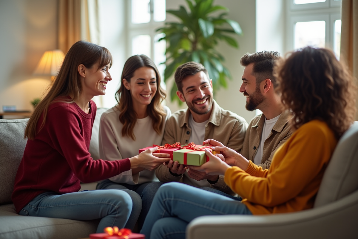 Groupe diversifié échangeant des cartes cadeaux colorées dans un salon lumineux