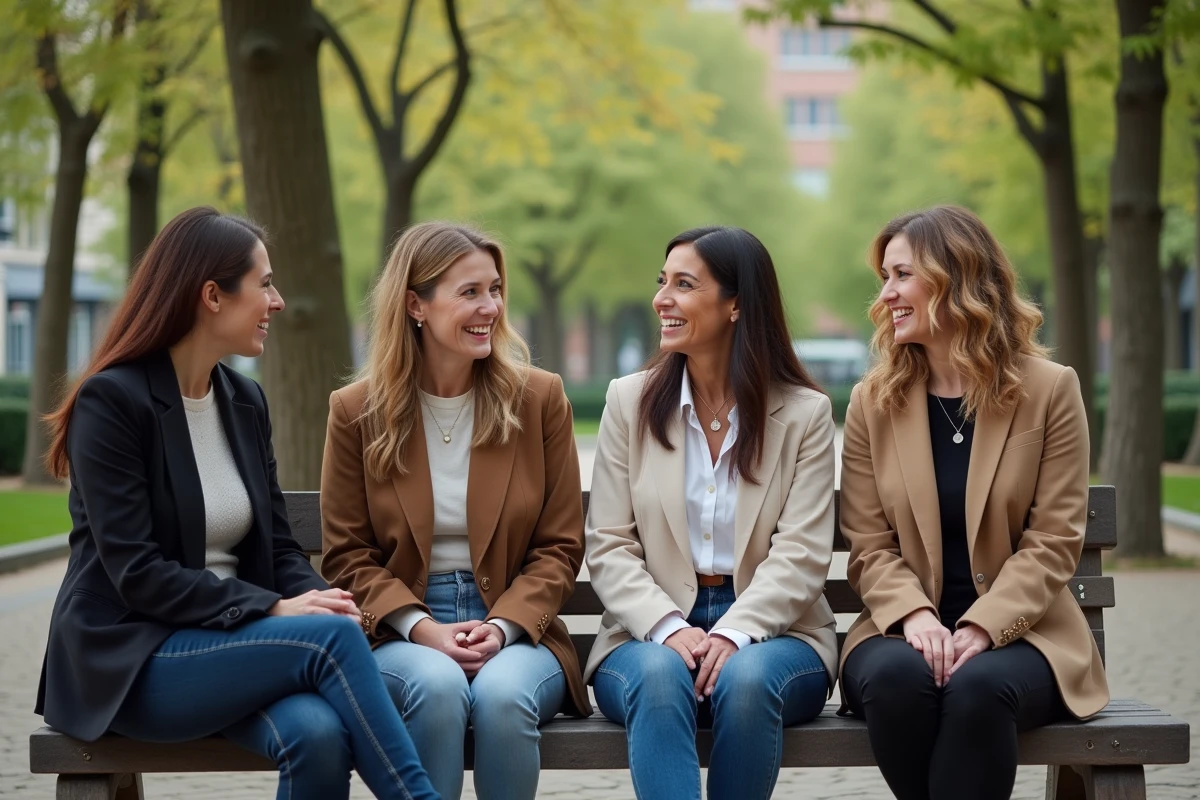 Groupe de femmes discutant et riant sur un banc dans un parc urbain