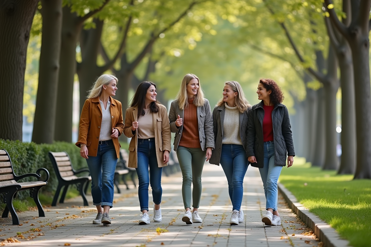 Groupe de femmes marchant dans un parc urbain ensoleille