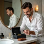 Homme élégant découvrant sa box abonnement premium de soins masculins dans une salle de bain en marbre luxueuse