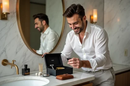 Homme élégant découvrant sa box abonnement premium de soins masculins dans une salle de bain en marbre luxueuse