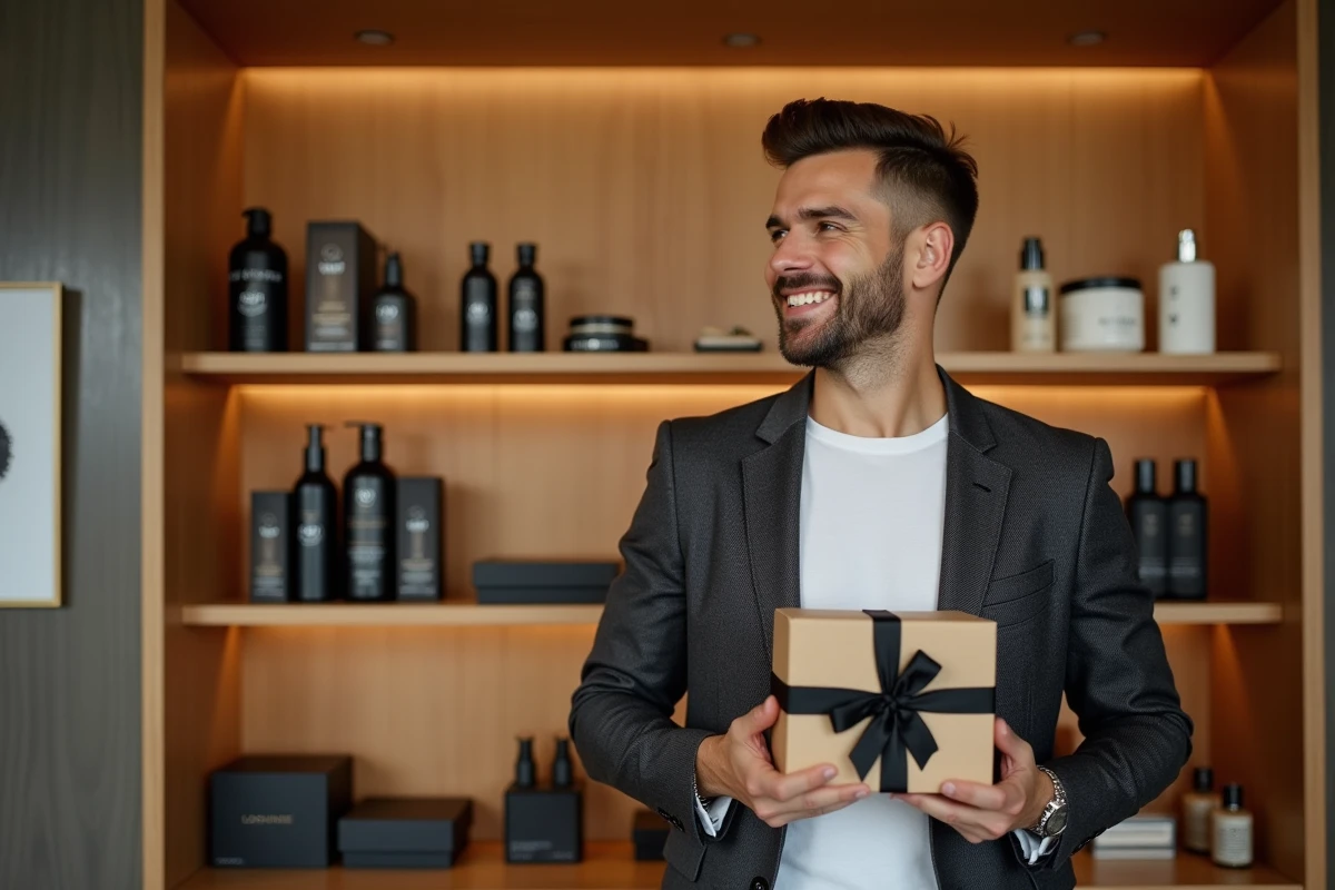 Homme confiant tenant une box cadeau abonnement premium masculin dans un espace retail lifestyle haut de gamme