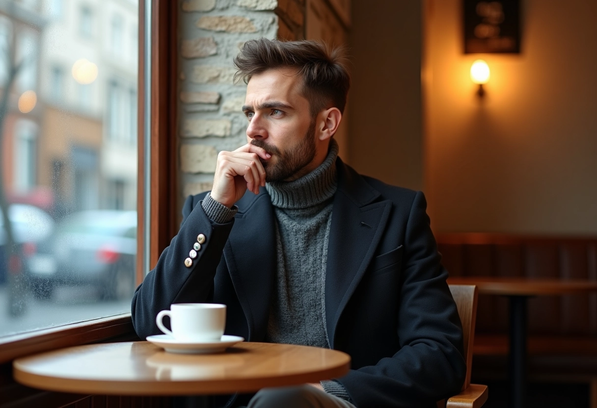 Homme confiant dans un café cosy regardant par la fenêtre