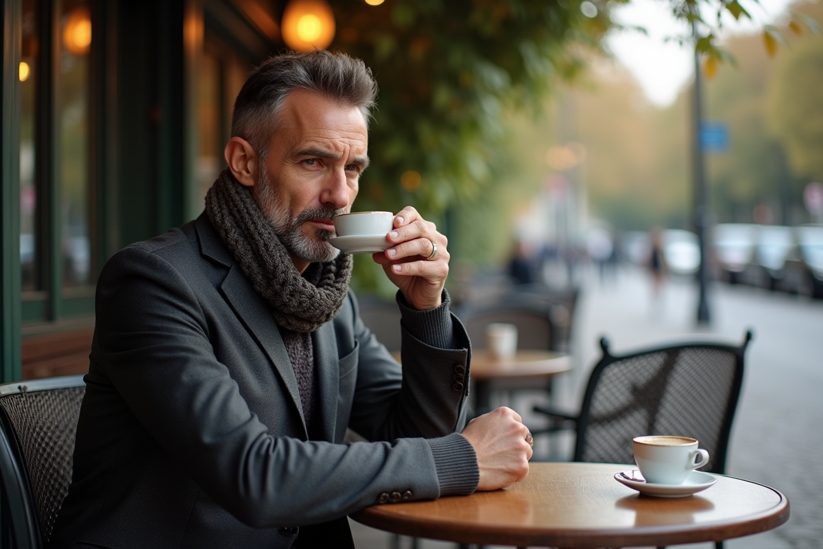 Homme en costume au café parisien en extérieur