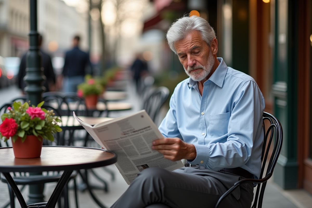Homme confiant lisant un journal dans un café parisien