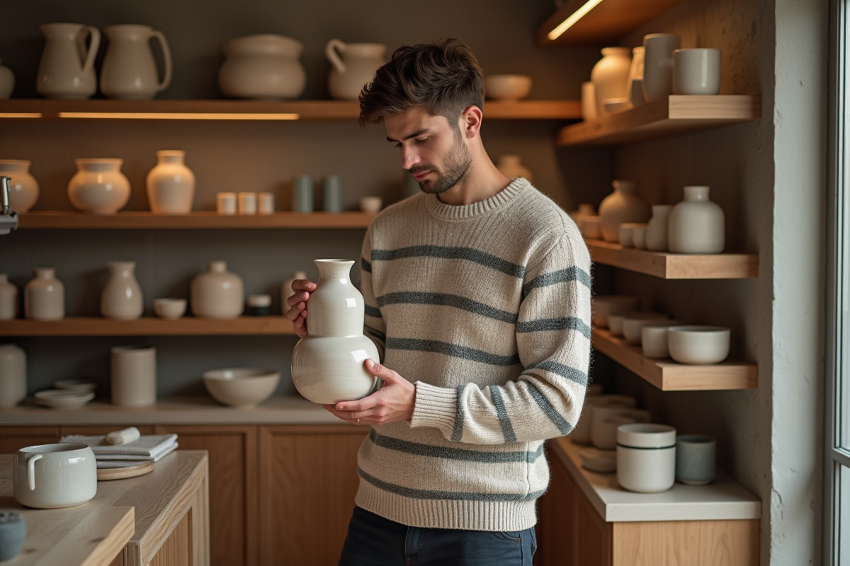 Jeune homme inspectant une vase en magasin de décoration
