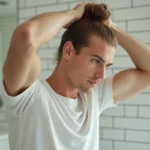 Homme aux cheveux fins coiffant un chignon sur le dessus de la tête dans une salle de bain minimaliste aux carreaux blancs