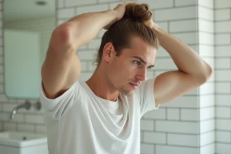 Homme aux cheveux fins coiffant un chignon sur le dessus de la tête dans une salle de bain minimaliste aux carreaux blancs