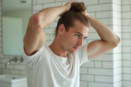 Homme aux cheveux fins coiffant un chignon sur le dessus de la tête dans une salle de bain minimaliste aux carreaux blancs