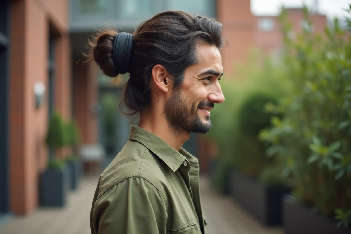Homme aux cheveux fins portant un chignon volumineux et désordonné sur une terrasse en bois avec fond urbain végétalisé