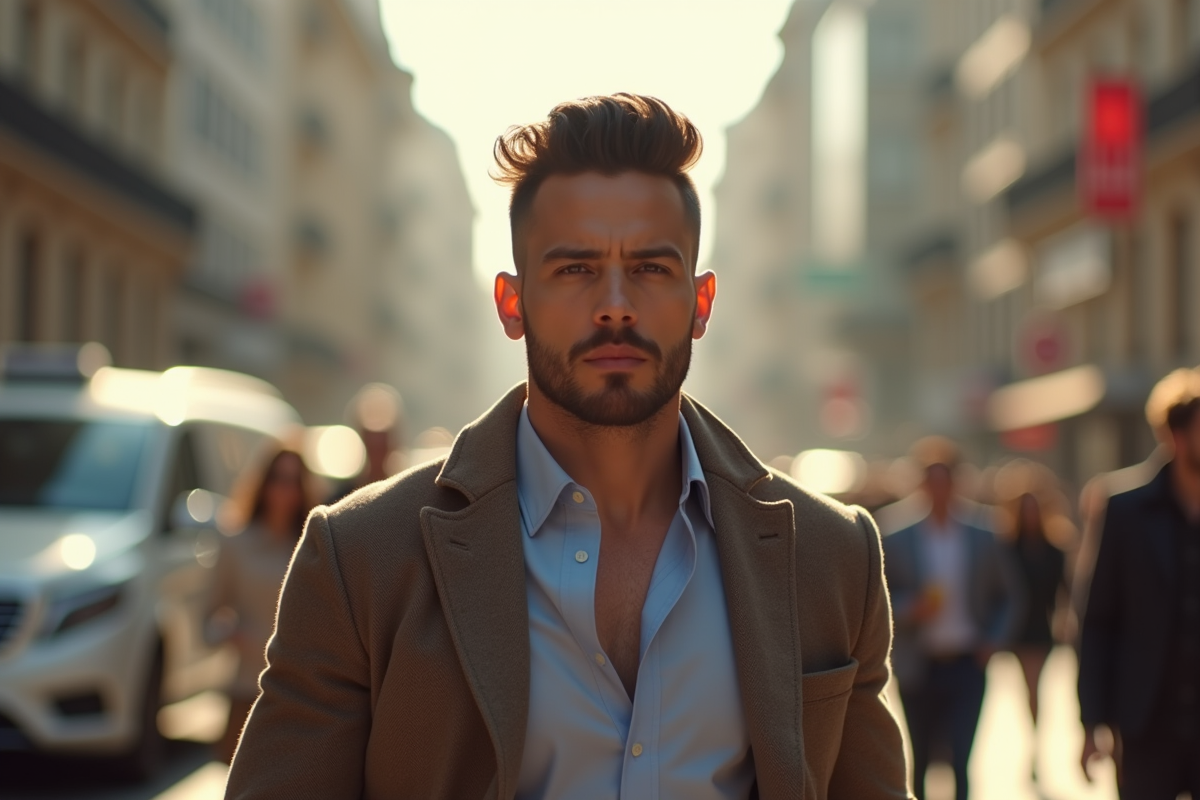 Homme avec coiffure slickedback marchant en ville ensoleillee