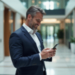 Homme confiant en costume navy dans un lobby moderne
