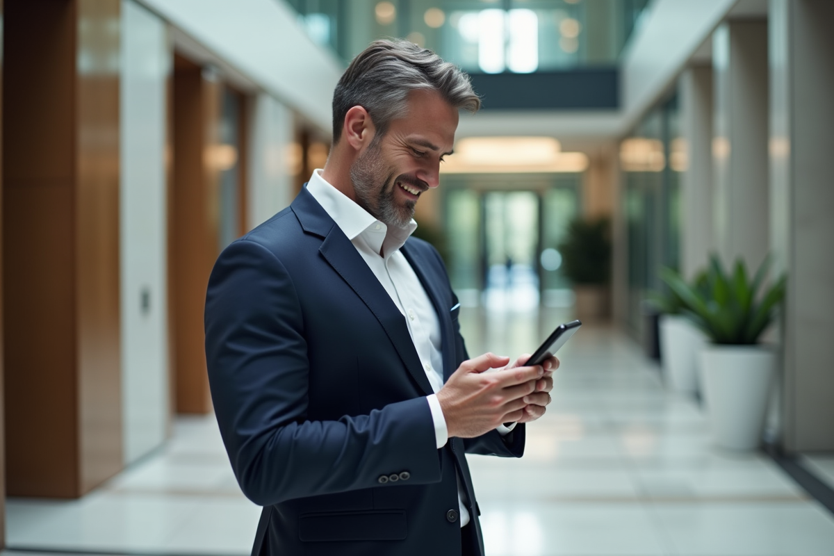 Homme confiant en costume navy dans un lobby moderne