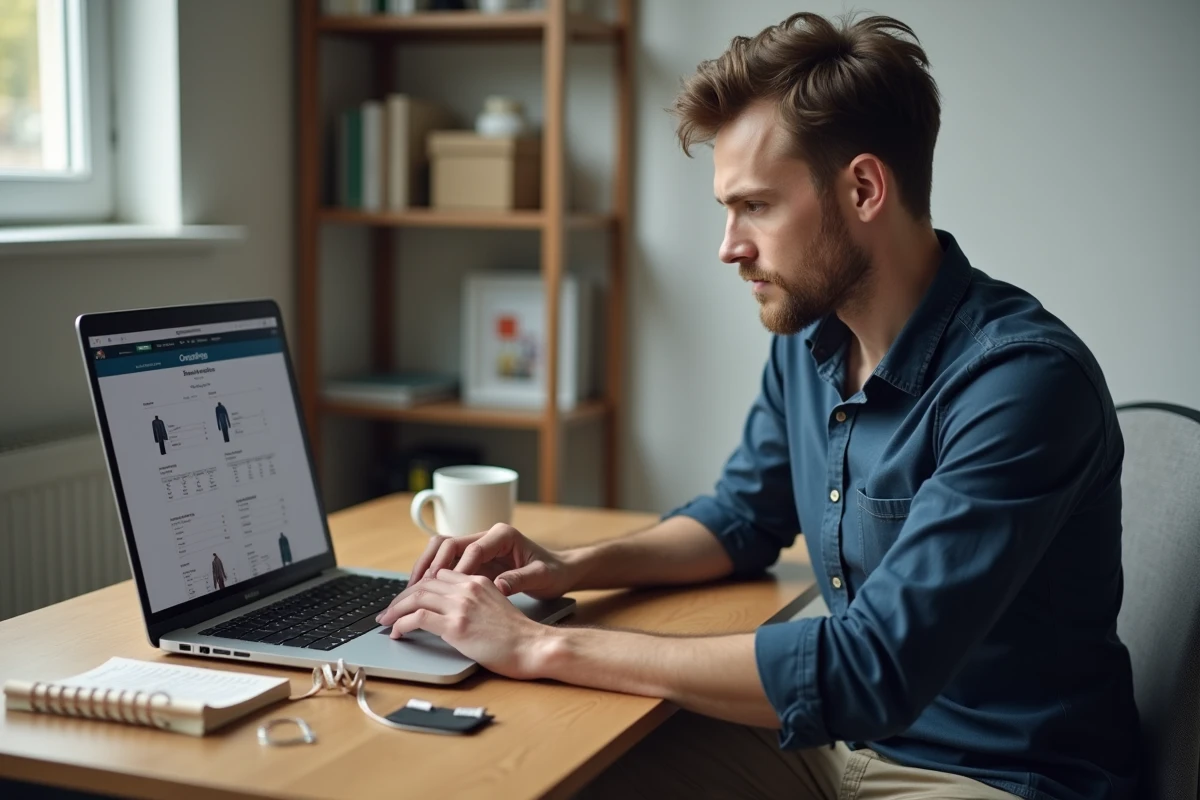 Homme utilisant un site de conversion de tailles de vêtements sur ordinateur portable dans un bureau minimaliste