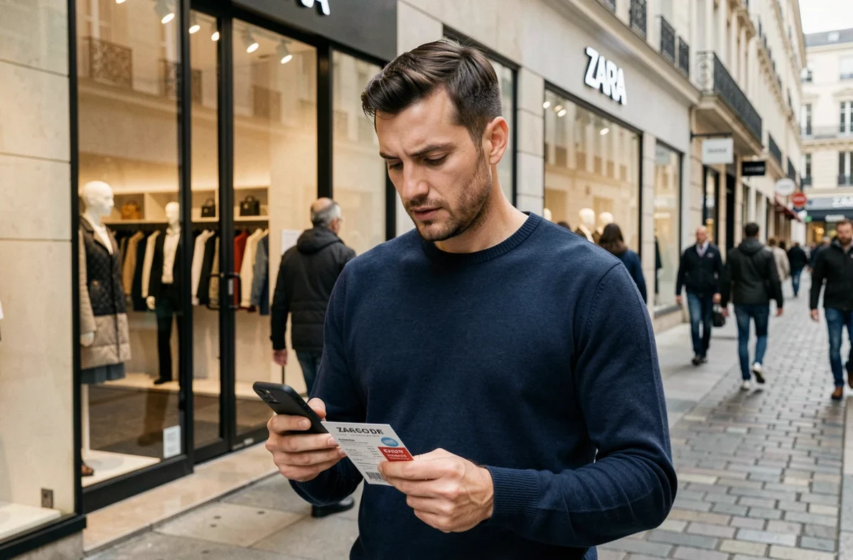 Homme tenant un coupon de réduction Zara devant une boutique en rue commerçante européenne