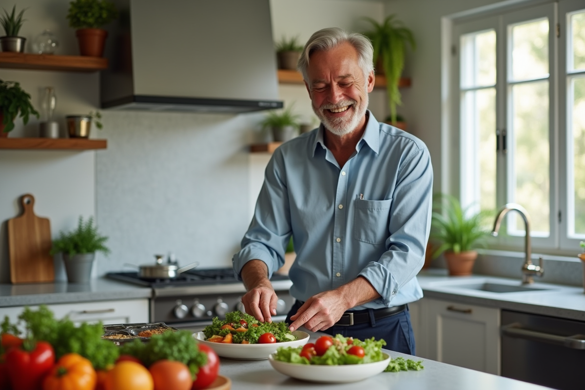 Homme préparant une salade colorée dans une cuisine lumineuse