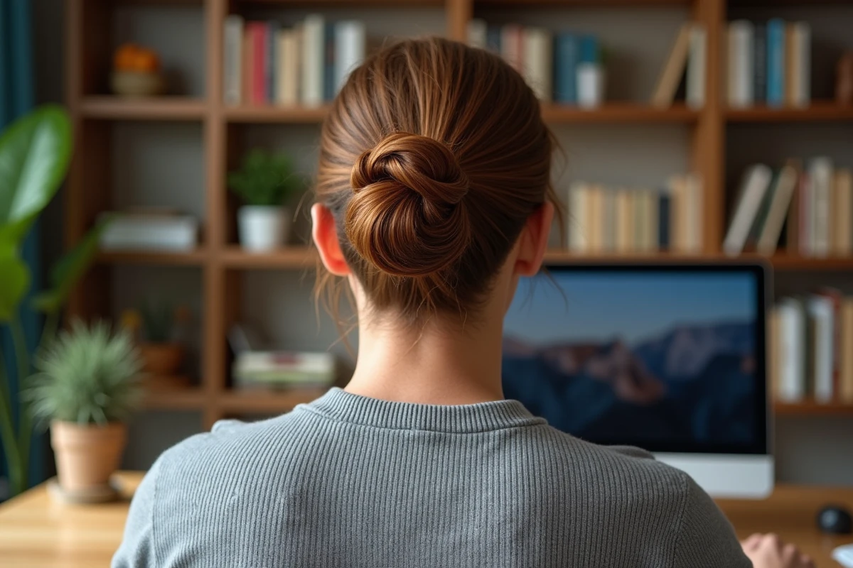 Vue de dos d'un homme aux cheveux fins et ondulés coiffé d'un demi-chignon soigné dans un bureau à domicile chaleureux