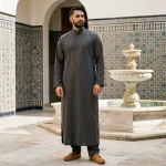 Homme marocain en djellaba moderne et babouches en cuir tan dans un riad traditionnel avec zellige et fontaine
