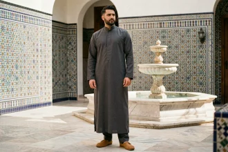 Homme marocain en djellaba moderne et babouches en cuir tan dans un riad traditionnel avec zellige et fontaine