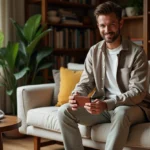 Homme élégant en style décontracté dans un salon cosy