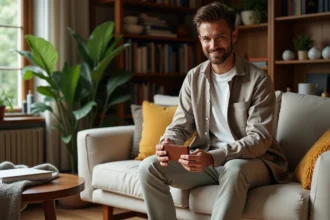 Homme élégant en style décontracté dans un salon cosy