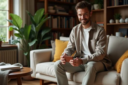 Homme élégant en style décontracté dans un salon cosy