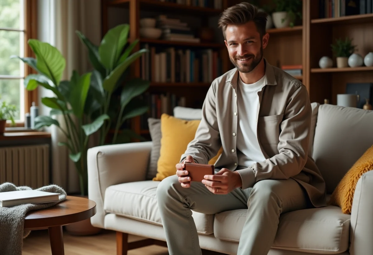 Homme élégant en style décontracté dans un salon cosy