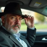 Homme d'âge moyen en fedora dans une voiture moderne
