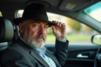 Homme d'âge moyen en fedora dans une voiture moderne