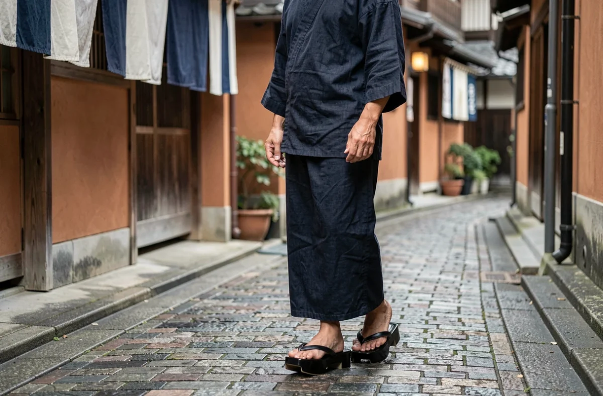 Homme portant des geta en bois laqué noir marchant sur des pavés dans une ruelle japonaise traditionnelle, montrant la structure surélevée caractéristique du sabot geta