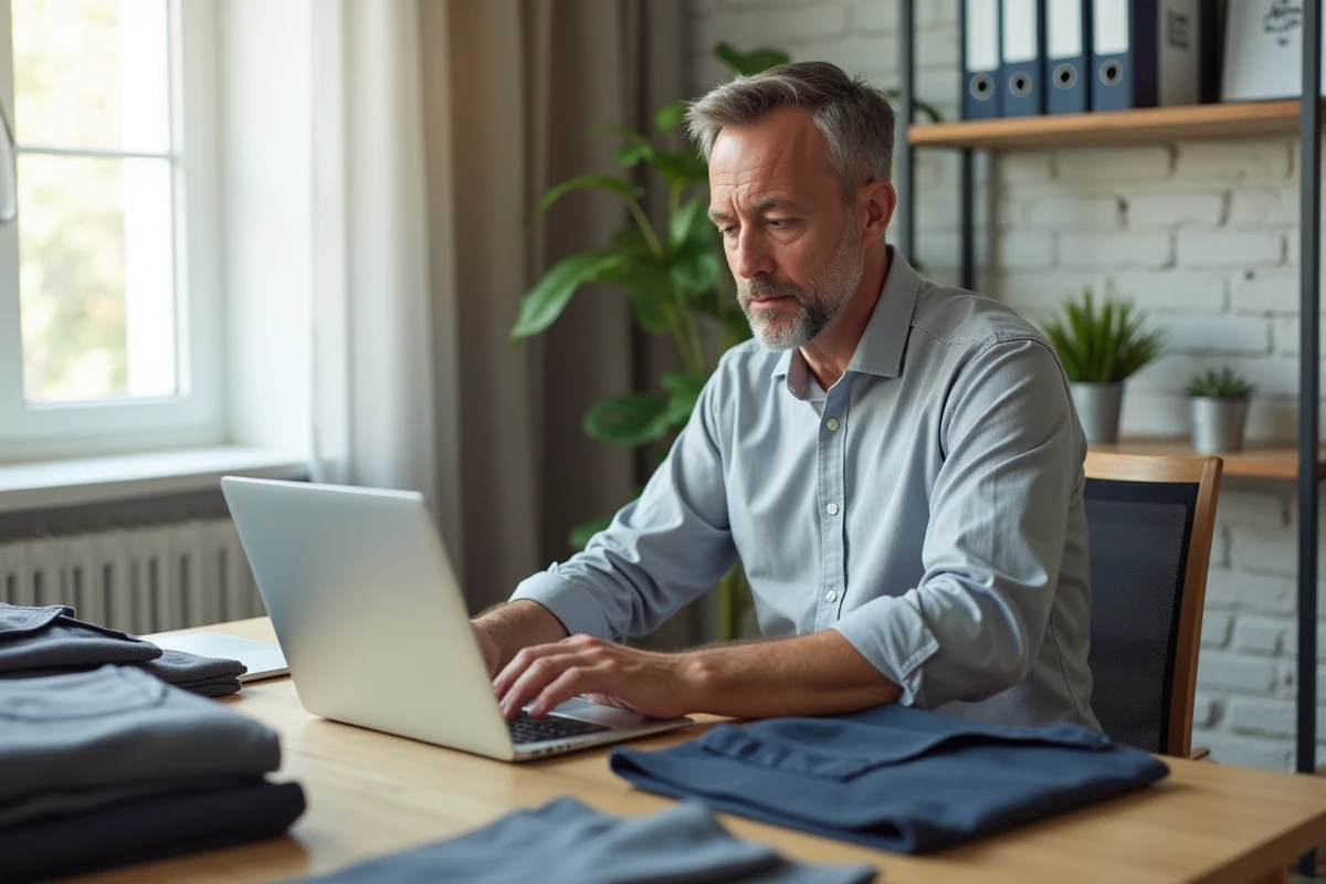 Homme consultant un guide de tenues de travail sur ordinateur portable depuis son bureau à domicile