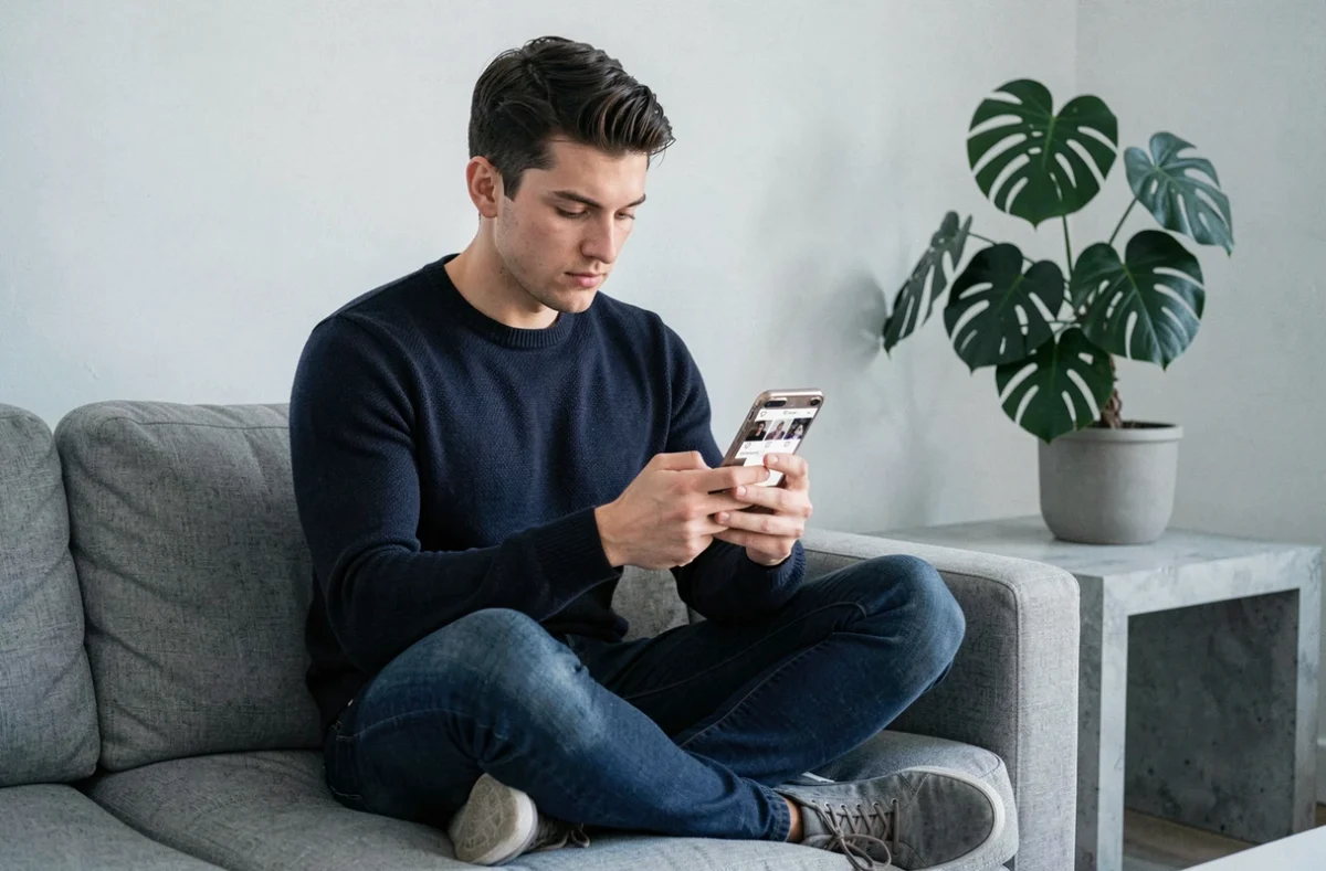 Jeune homme analysant son compte Instagram sur smartphone dans un salon moderne et minimaliste