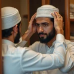 Homme portant un kufi blanc brodé qui ajuste son chapeau devant un miroir dans une boutique de vêtements islamiques